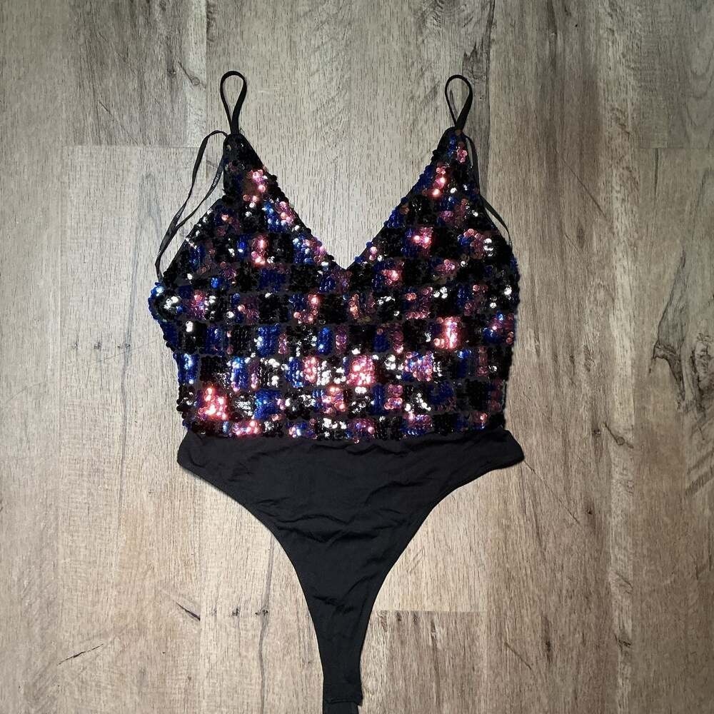 Forever 21 Black Sequin Multicolor Bodysuit Size M NWT NYE Festive
